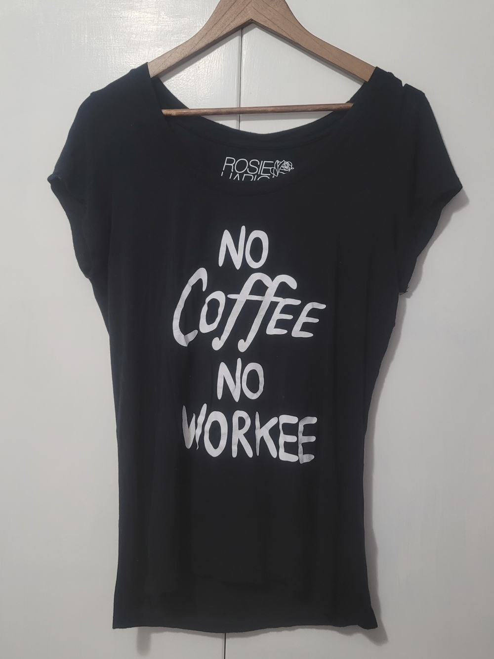 Rosie Ladies Black Graphic Tee - No Coffee No Workee